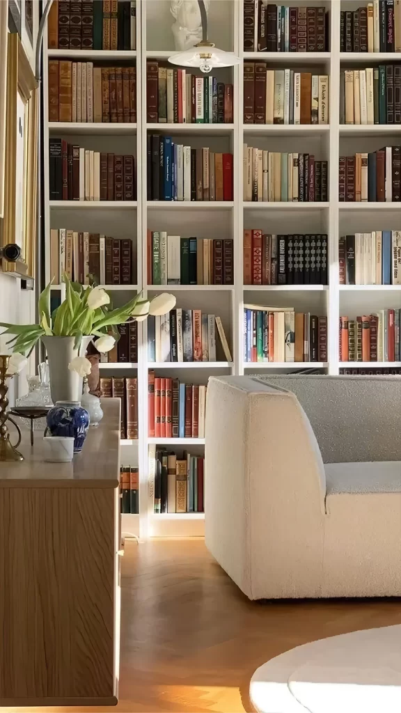 Transitional Library Corner With White Bookshelf