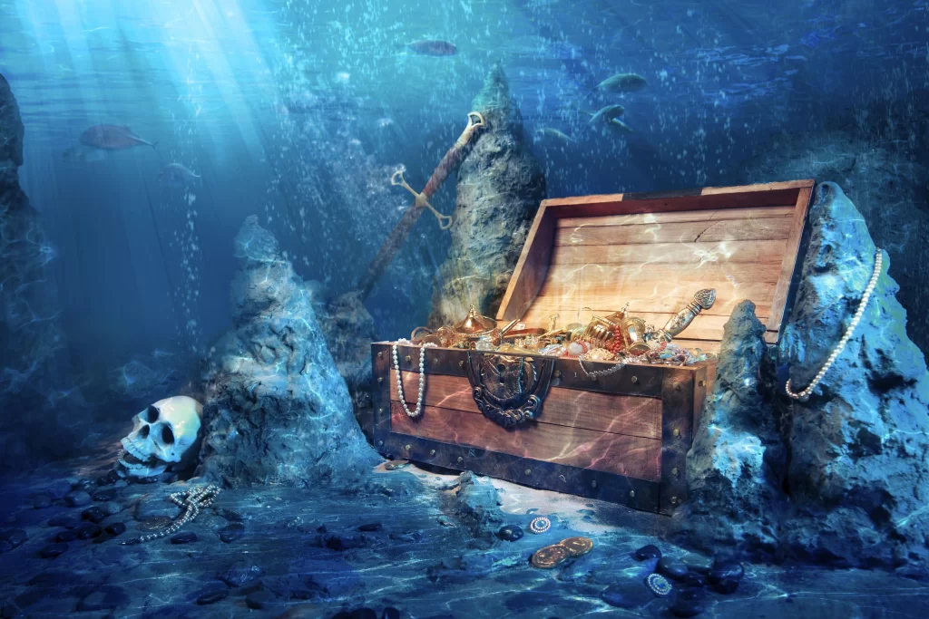 treasure chest underwater skull rocks coins pearls anchor