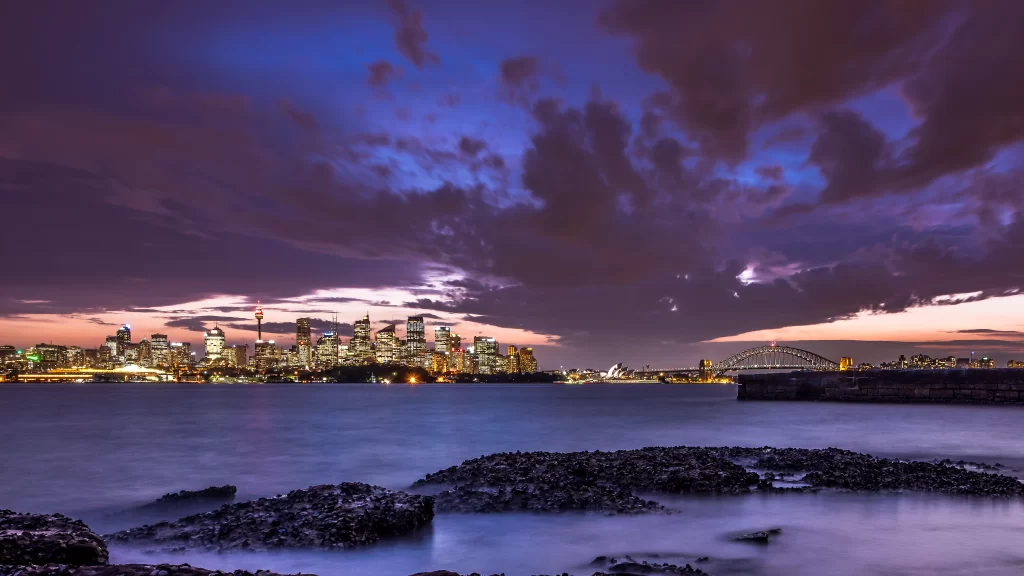 twilight cityscape skyline bridge water