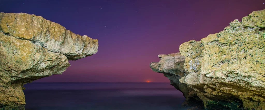 Twilight Rocks Ocean Horizon Stars Purple