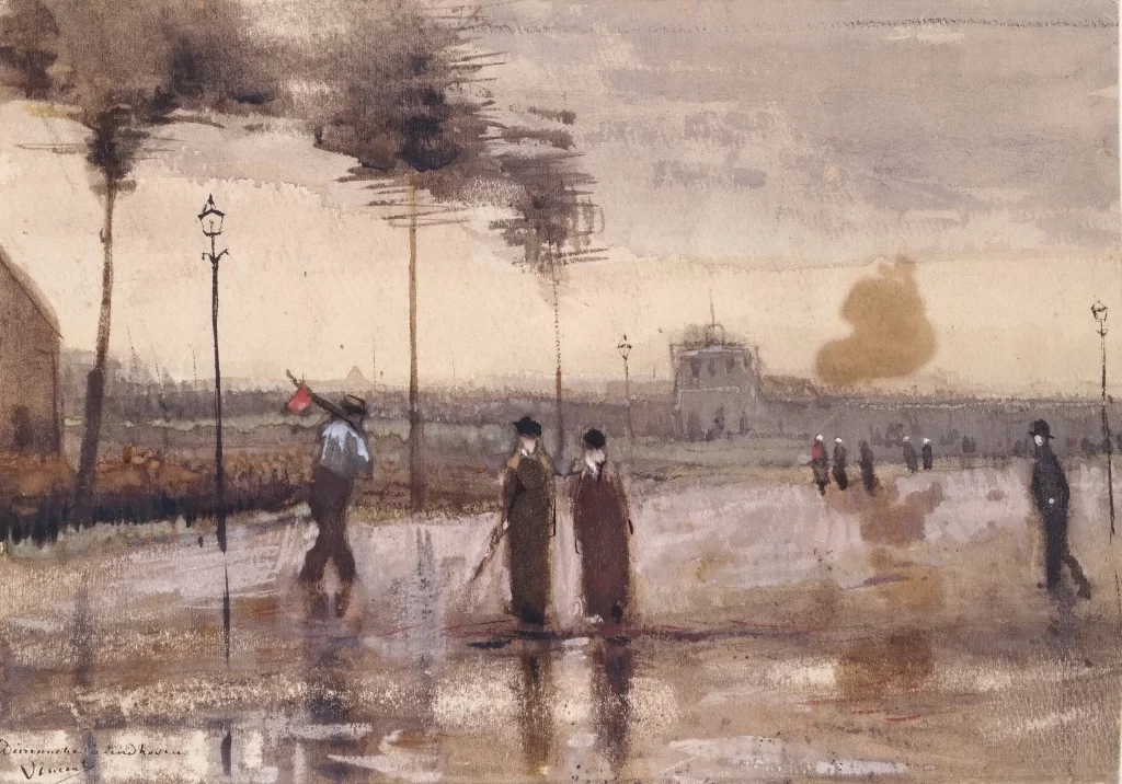 Rainy Street Wet Reflections Figures Trees Van Gogh