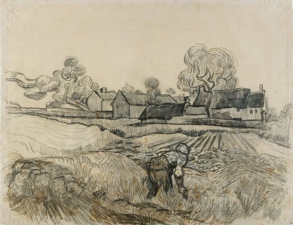 Woman Field Houses Trees Smoke Van Gogh