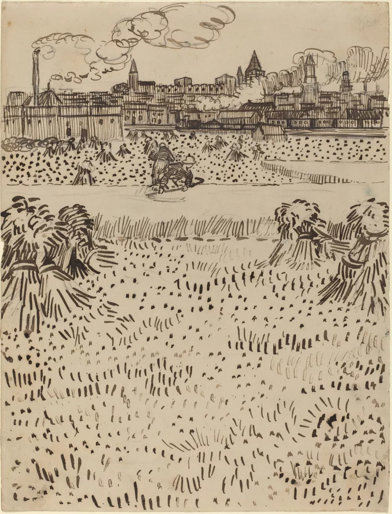Harvest Field Workers Smokestacks Cityscape Van Gogh