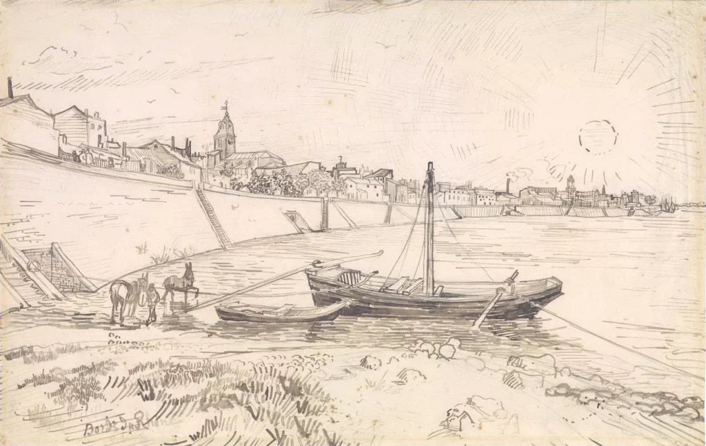 Sunset River Boats Houses Van Gogh