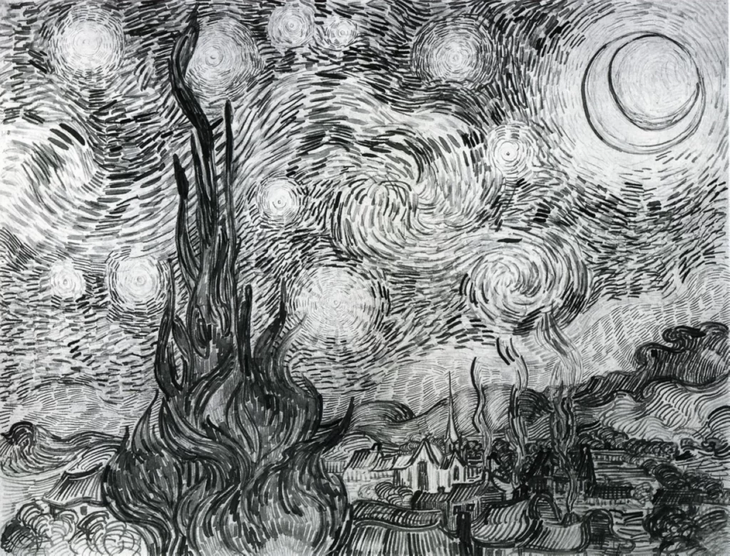 Starry Night Swirling Sky Village Trees Van Gogh