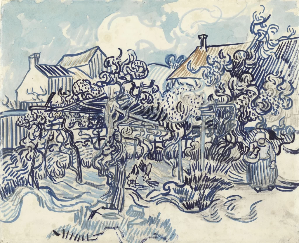 Woman Garden Houses Trees Blue Sky Van Gogh