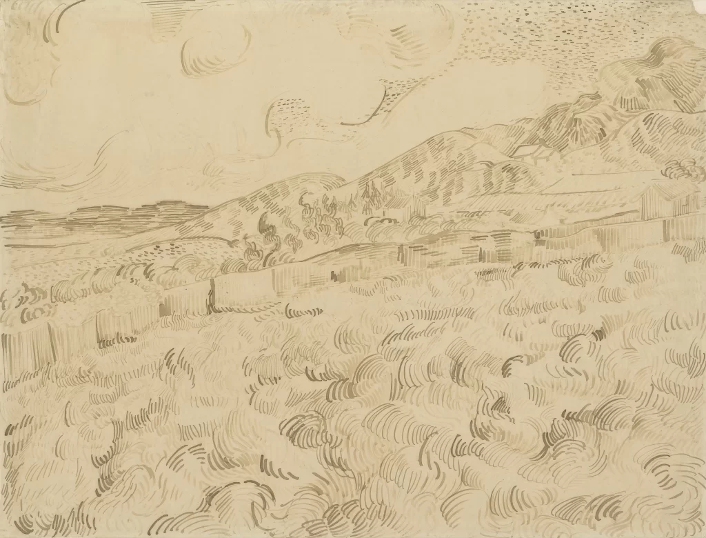 Wheat Field Clouds Mountains Fence Van Gogh