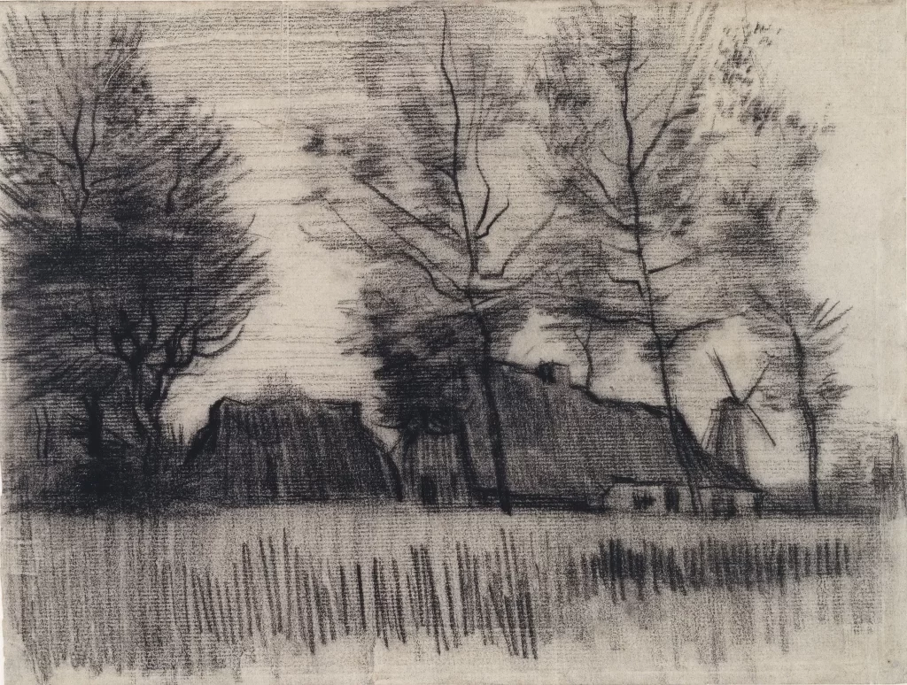 Trees Houses Windmill Field Van Gogh