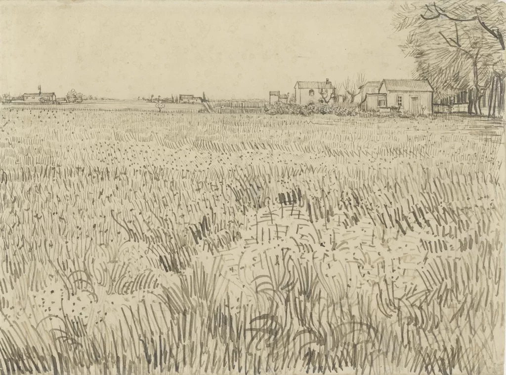 Wheat Field Houses Trees Van Gogh