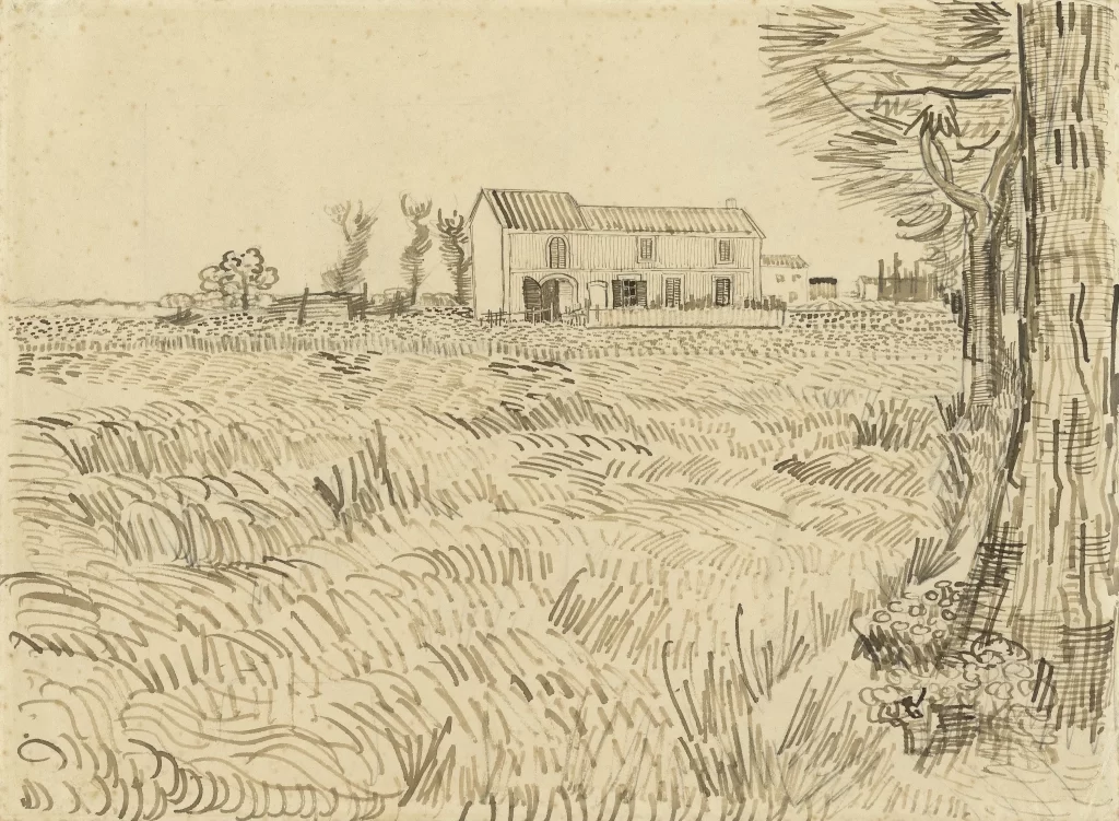Wheat Field House Trees Fence Van Gogh