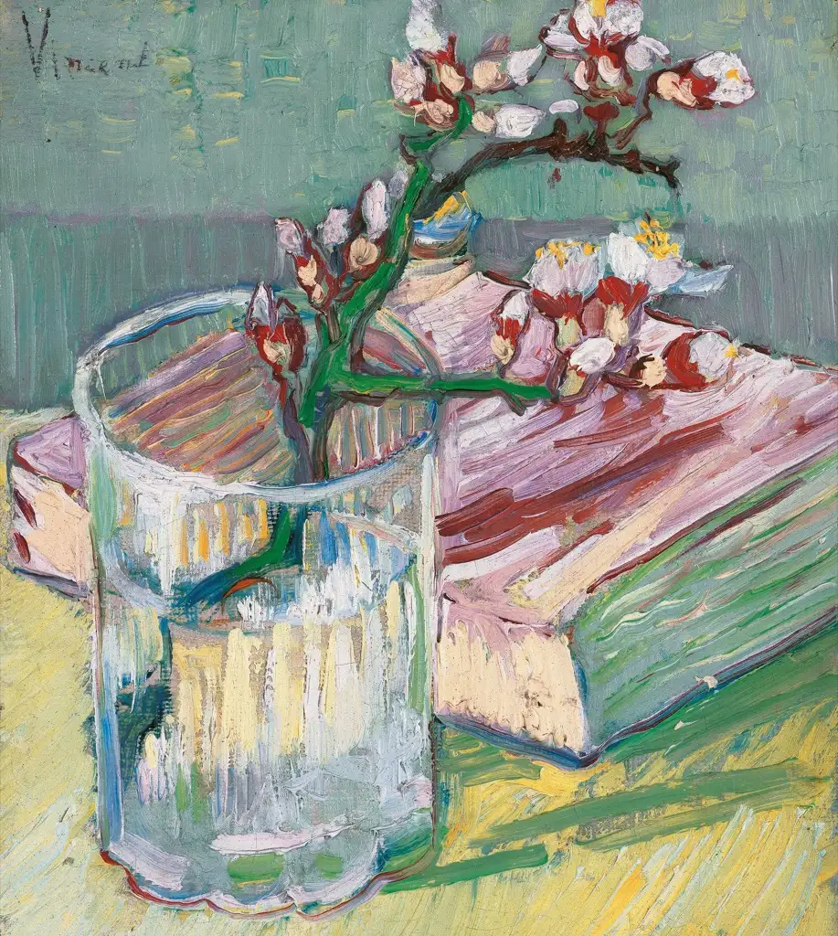 Blossoming Almond Branch in a Glass with a Book Van Gogh