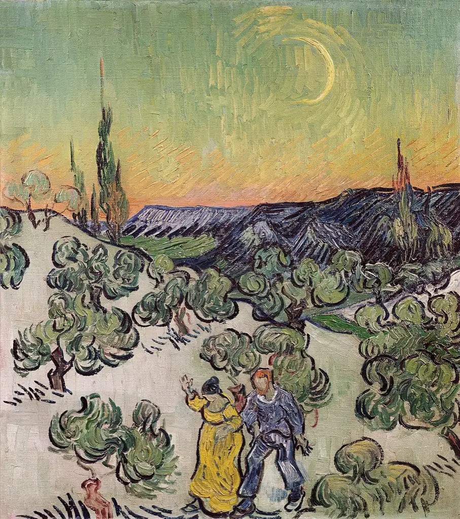Landscape with Couple Walking and Crescent Moon Van Gogh
