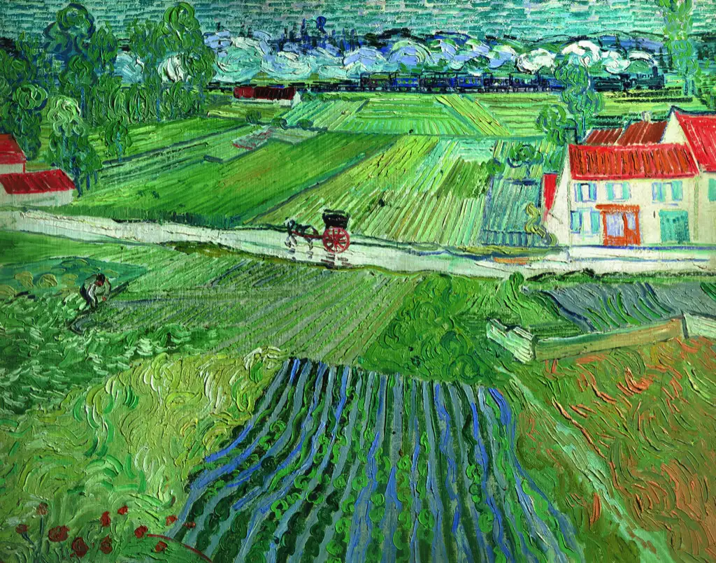 Landschaft mit Pferdewagen und Zug im Hintergrund Van Gogh