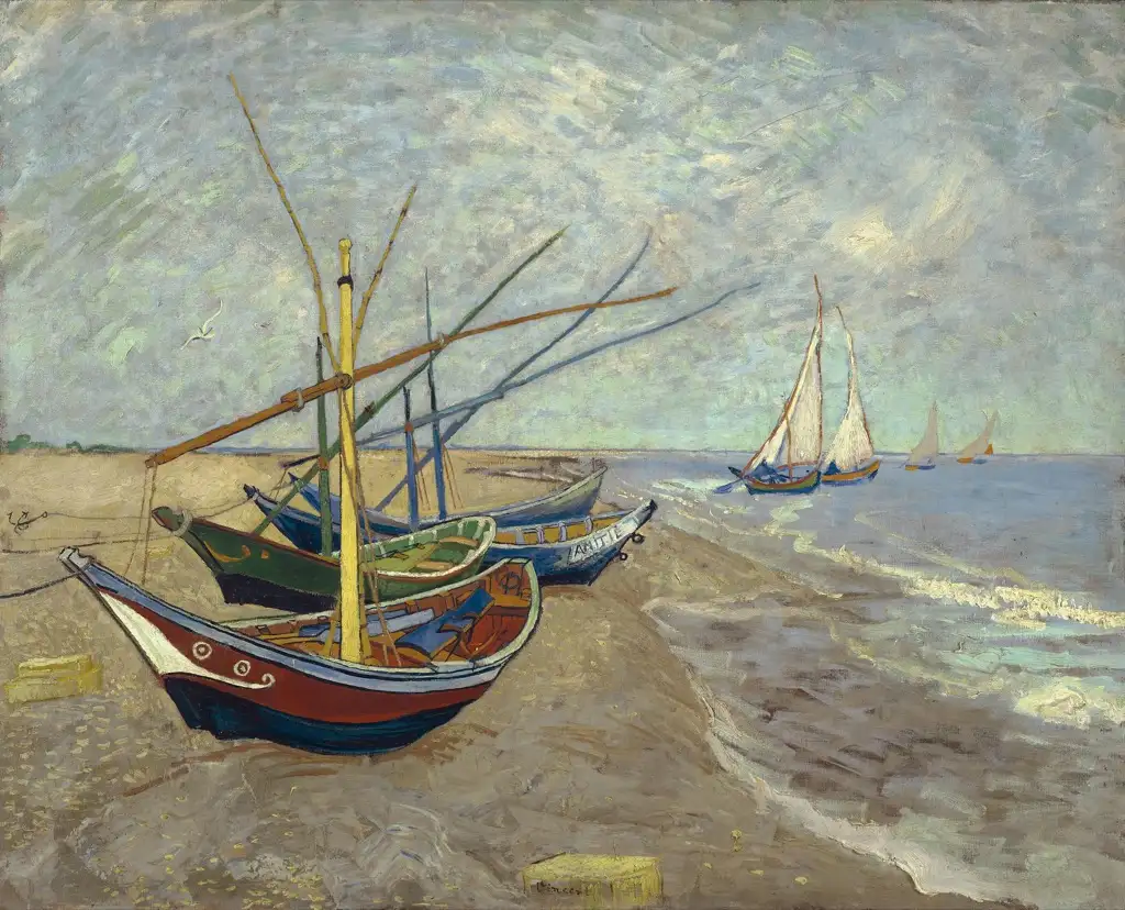 Vissersboten op het strand van Les Saintes-Maries-de-la-Mer Van Gogh