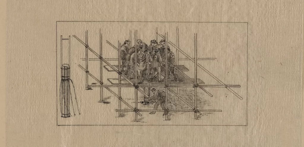 Vintage Illustration Construction Scaffolding Workers Monochrome