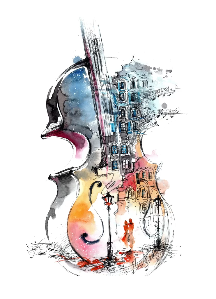 violin cityscape watercolor music notes street lamp
