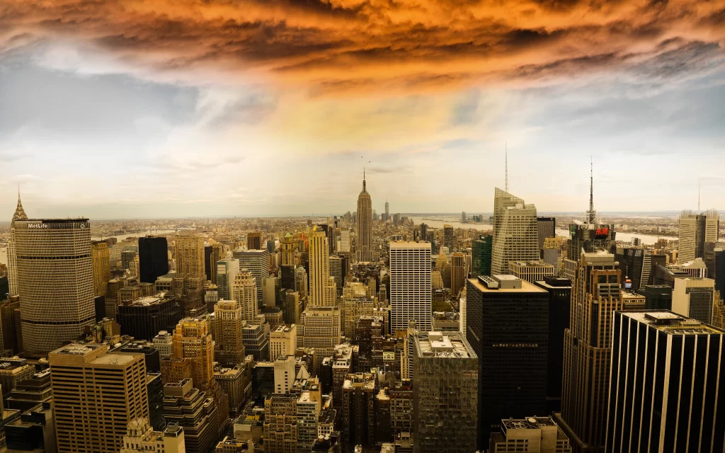 Urban Skyline Skyscrapers Dramatic Clouds Sunset
