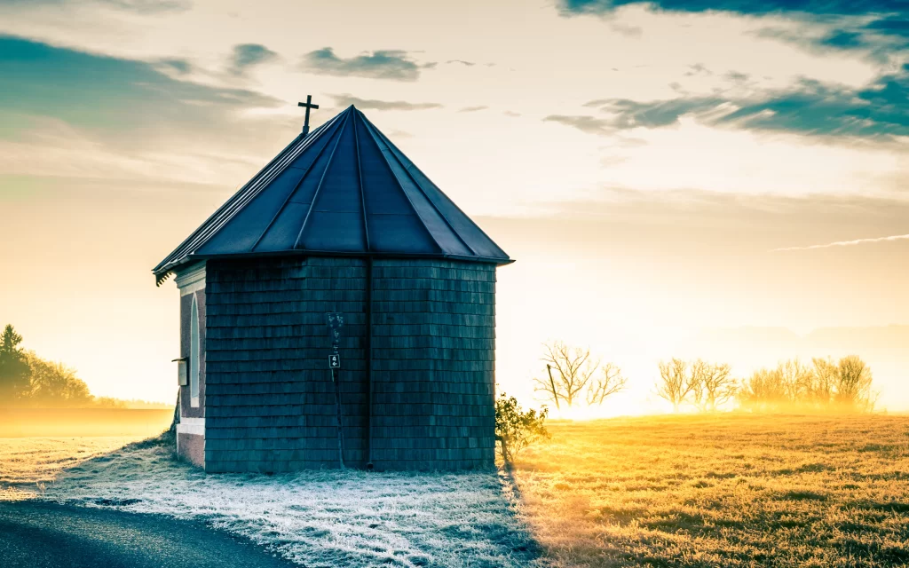 Sunset Rustic Chapel Snowy Field Trees