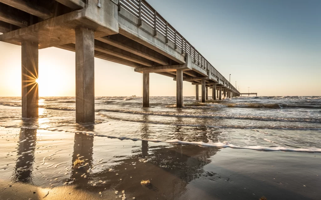 Sunset Ocean Waves Pier Reflections Golden Horizon