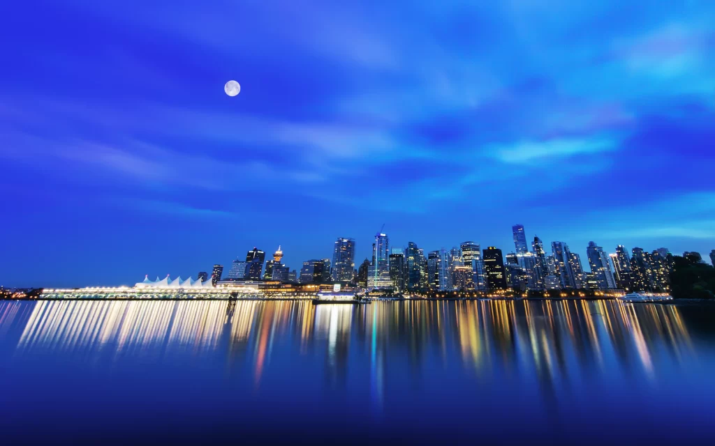 Cityscape Moonlit Skyline Reflections Blue Night