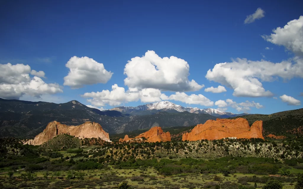 Mountain Range Clouds Blue Sky Greenery Red Rock