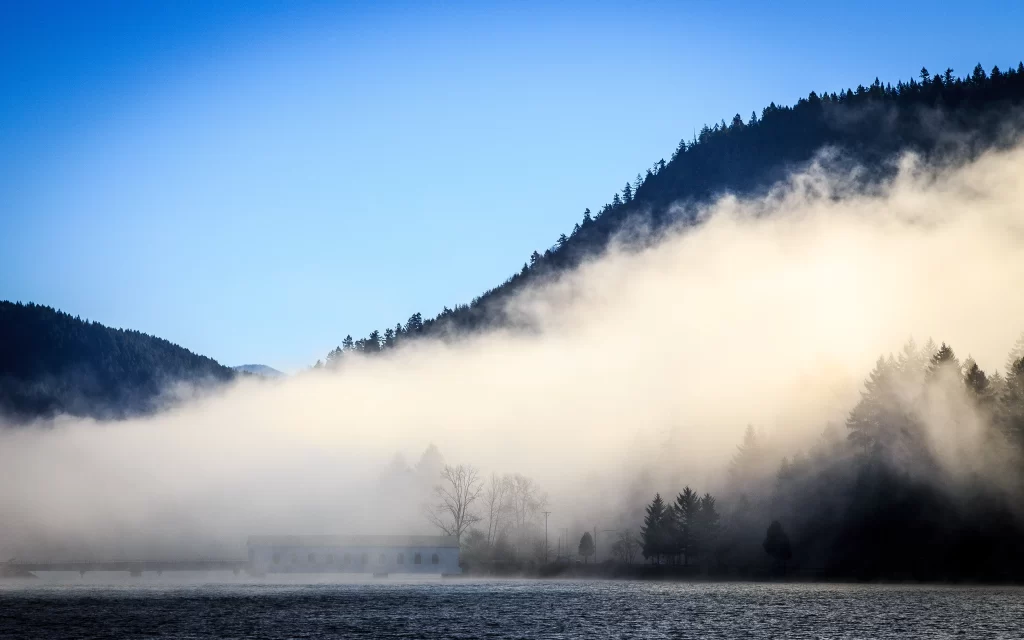 Misty Mountain Lake Forest Blue Sky