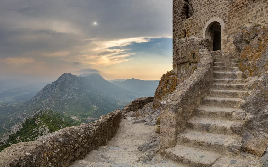 Ancient Castle Stone Pathway Mountains Sunset