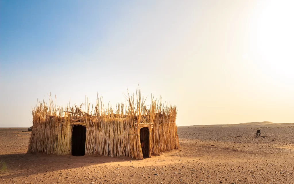Desert Straw Hut Rocky Terrain Clear Sky