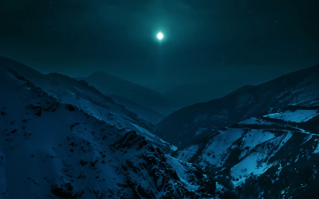 Moonlit Mountain Peaks Snowy Valley Starry Sky