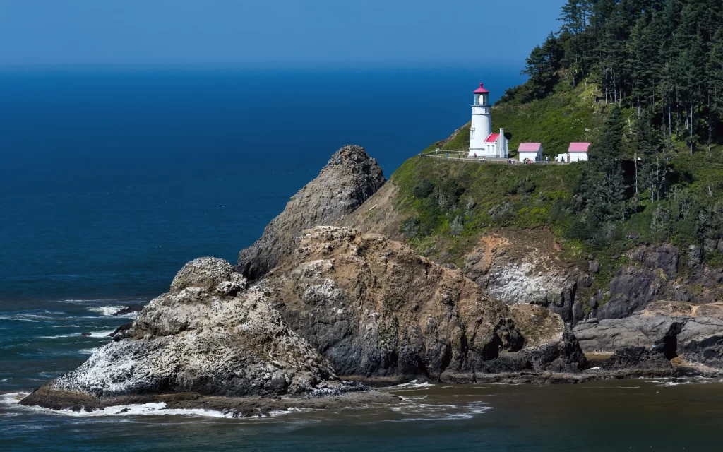 Lighthouse Rocky Coastline Ocean Blue Sky Greenery