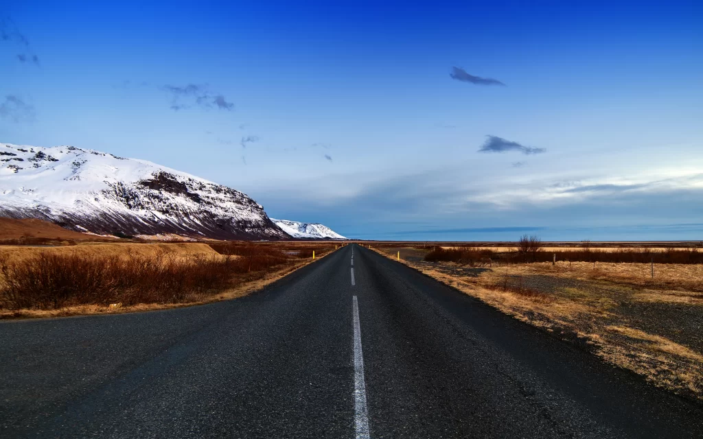 Snowy Mountain Road Clear Sky Prairie