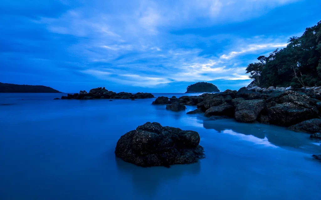 Twilight Ocean Rocks Calm Sky Reflection