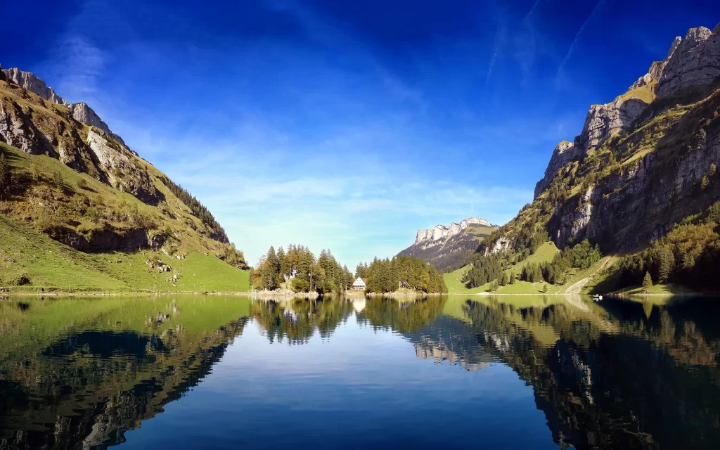 Mountain Lake Reflection Trees Sky