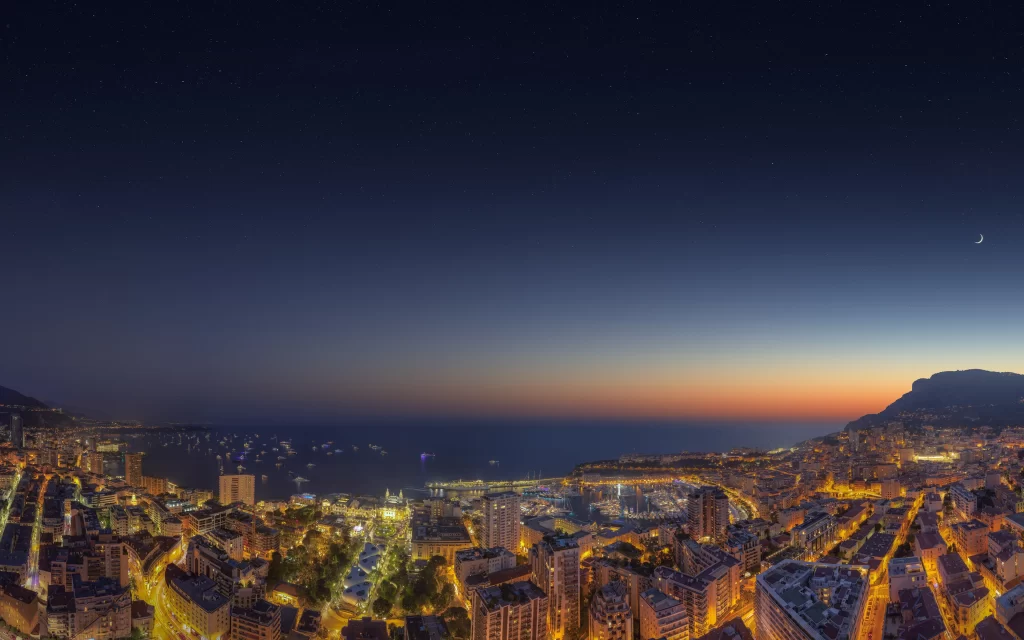 Cityscape Night Sky Stars Crescent Moon