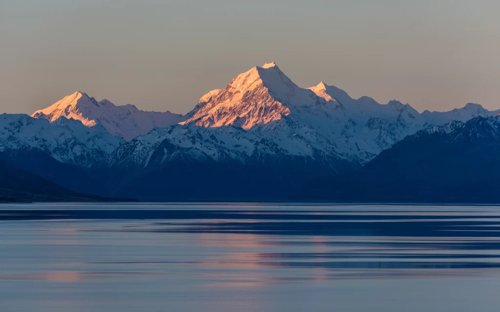 Sunset Snowy Mountains Lake Reflections Calm