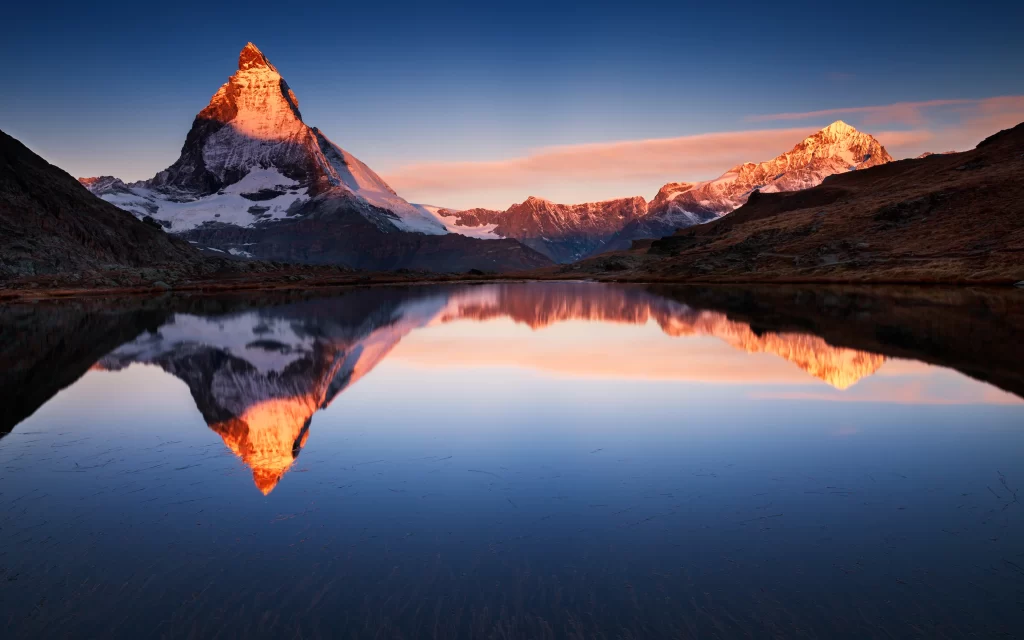 Sunset Mountain Peaks Reflection Lake Snow
