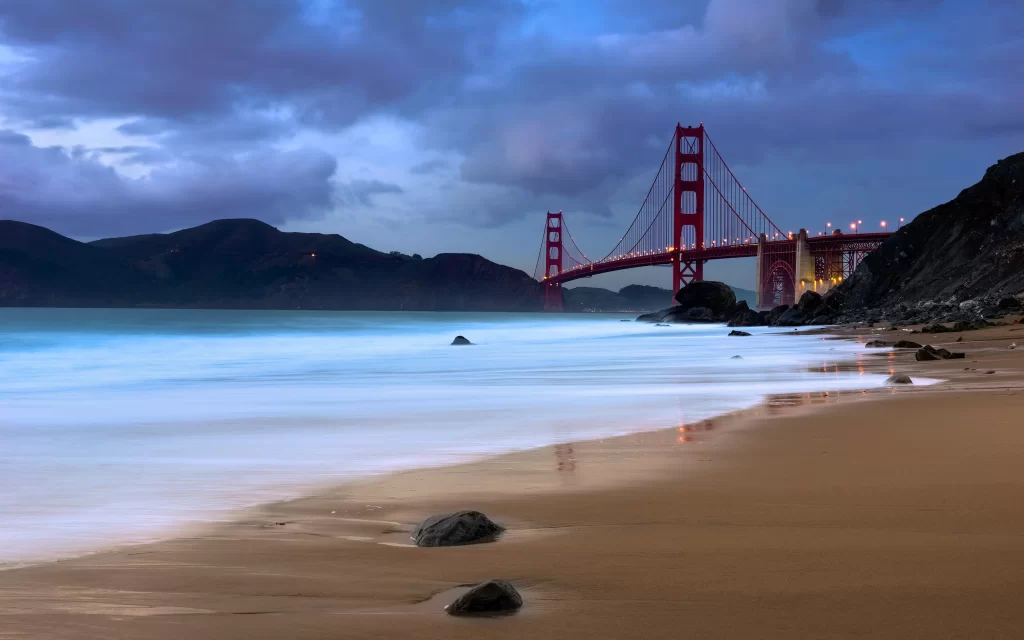 Golden Gate Bridge Ocean Waves Beach Rocky Shoreline