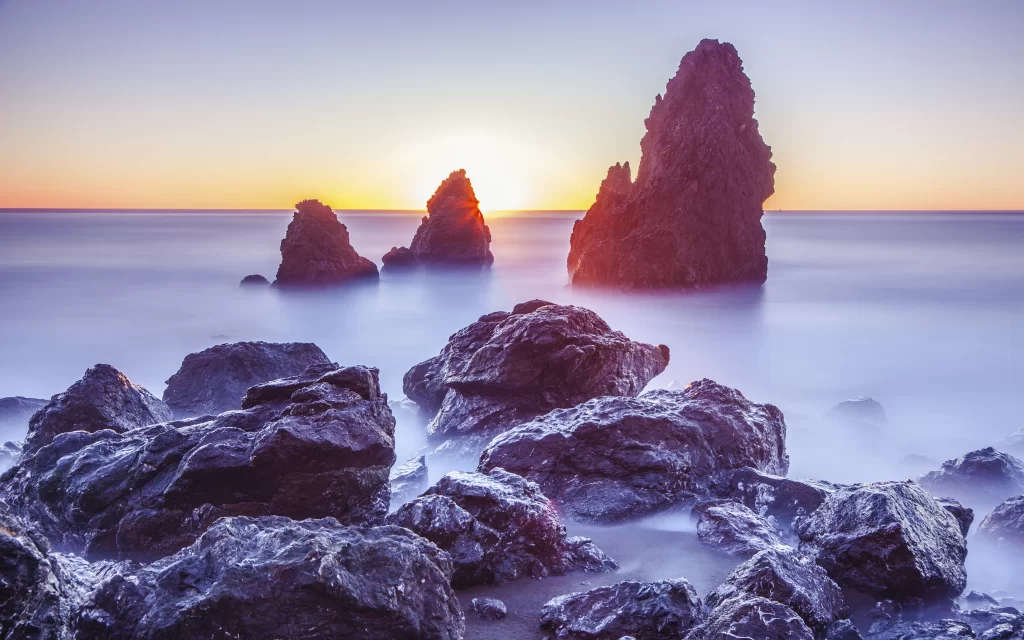 Sunset Ocean Rocks Silhouette Mist