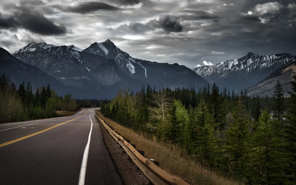Mountainous Landscape Road Forest Cloudy Sky