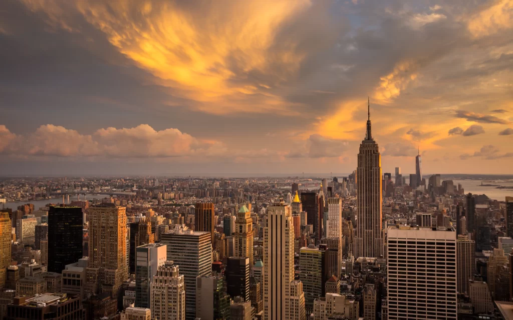 Sunset Cityscape Skyscrapers Clouds Golden Glow