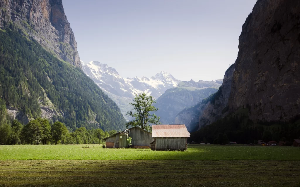 Mountainous Landscape Rustic Cabin Green Meadow Snow-Capped Peaks
