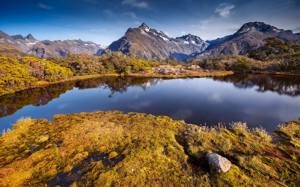 Mountainous Landscape Tranquil Lake Clear Sky Reflective Water Verdant Vegetation