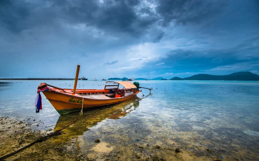 Boat Ocean Shoreline Cloudy Sky Reflection