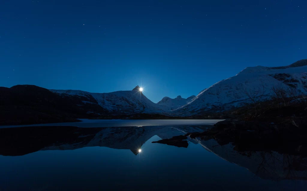 Moonlit Mountain Peaks Starry Sky Reflection