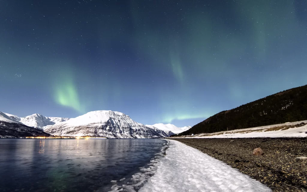 Northern Lights Snowy Mountains Starry Sky Reflective Water
