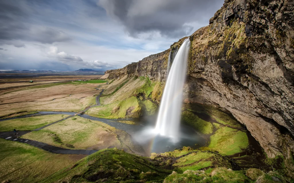Waterfall Rocky Cliff Greenery River Plains