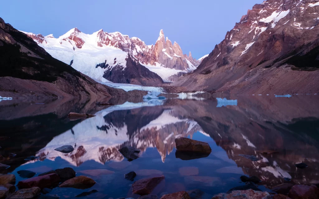 Snow-capped Peaks Glacial Lake Rocky Terrain Reflective Water Icebergs