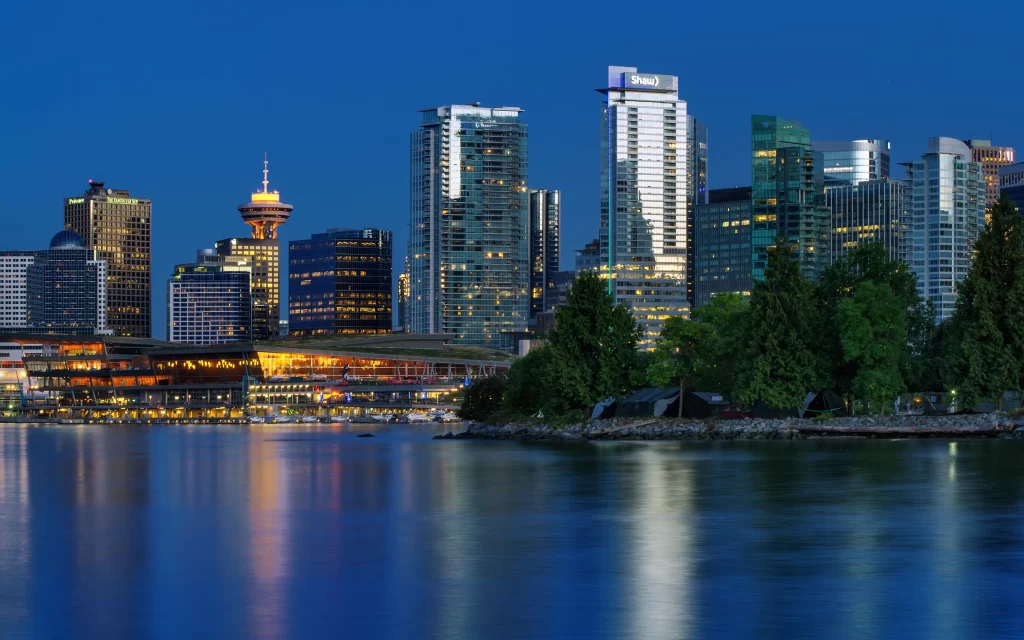 Cityscape Skyscrapers Water Reflections Night Lights