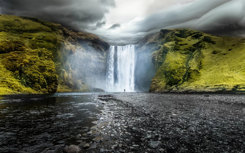 Waterfall Misty Clouds Rocky Terrain Lush Greenery