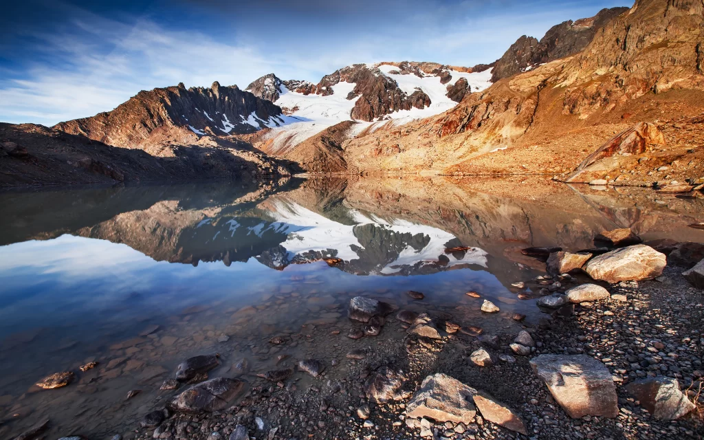 Mountainous Landscape Snow Peaks Clear Lake Rocky Shoreline